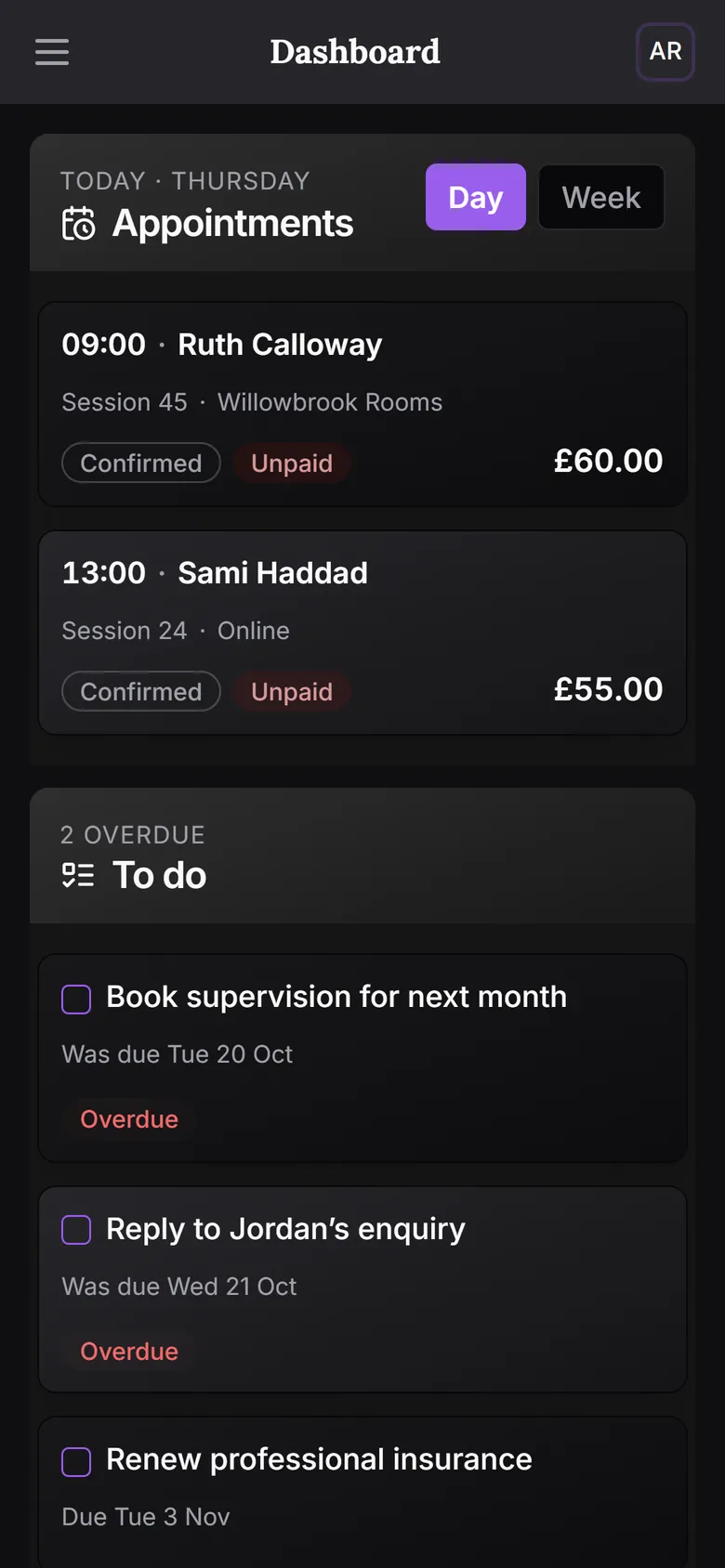 The SyncDiary dashboard: this month’s income, outstanding payments and sessions attended, today’s appointments, things to do, tax set aside and clients by stage.