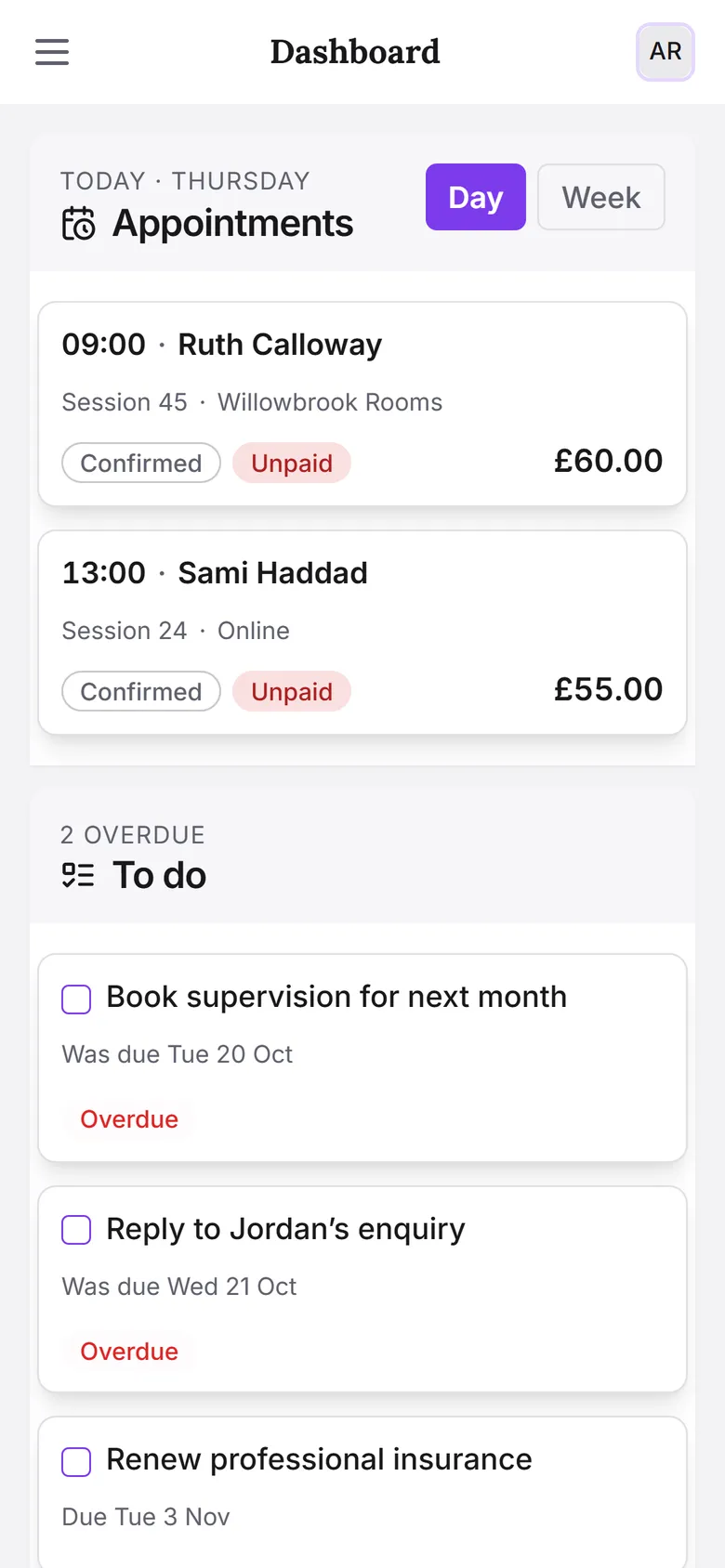 The SyncDiary dashboard: this month’s income, outstanding payments and sessions attended, today’s appointments, things to do, tax set aside and clients by stage.